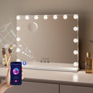 Espejo de maquillaje con audio Bluetooth con luz LED - 3 modos de color, control táctil inteligente y puerto de carga USB - Espejo de maquillaje de escritorio