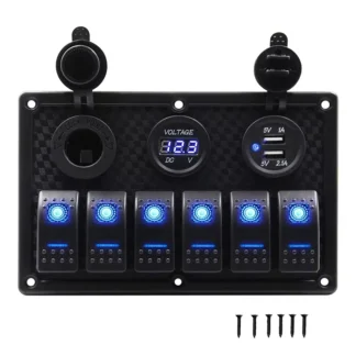 Panel de interruptor basculante para barco marino de 6 entradas + puerto de cargador USB, enchufe de 12/24V CC, enchufe de encendedor de cigarrillos para barco marino, coche y camión
