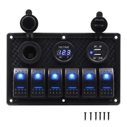 Panel de interruptor basculante para barco marino de 6 entradas + puerto de cargador USB, enchufe de 12/24V CC, enchufe de encendedor de cigarrillos para barco marino, coche y camión