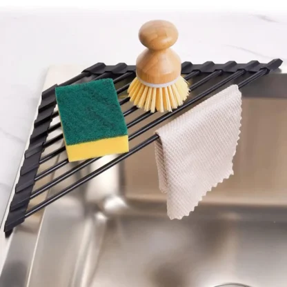 Plato enrollable triangular pequeño para secado con revestimiento de silicona, marco de acero inoxidable para esquinas del fregadero, multiusos sobre el fregadero