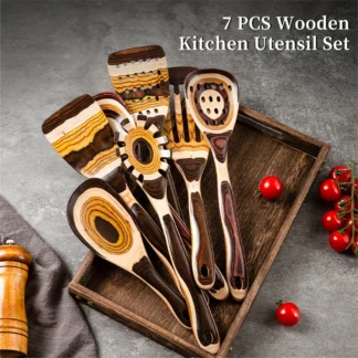 Juego de utensilios Pakkawood marrón de 7 piezas: resistentes, ecológicos, cucharas de madera para cocinar, utensilio de madera para cocinar