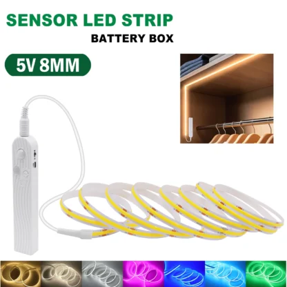 Tira de luces Led COB de 5V y 8MM con Sensor de movimiento, luz nocturna de inducción, caja de pilas AAA, cinta Led cálida, Natural, blanca, roja, azul, verde y rosa