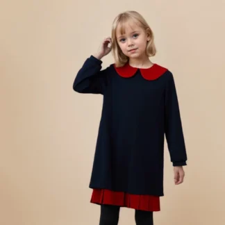 Vestido de princesa plisado de felpa para mujer, ropa de niña, vestidos de cumpleaños, azul marino, invierno, cálido, británico
