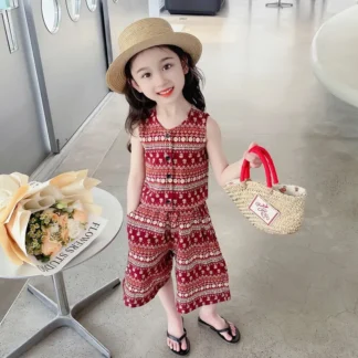 Conjunto de verano para niña, nuevo vestido de verano de estilo étnico dulce, chaleco de moda para niños, pantalones de pierna ancha de dos piezas, 2025