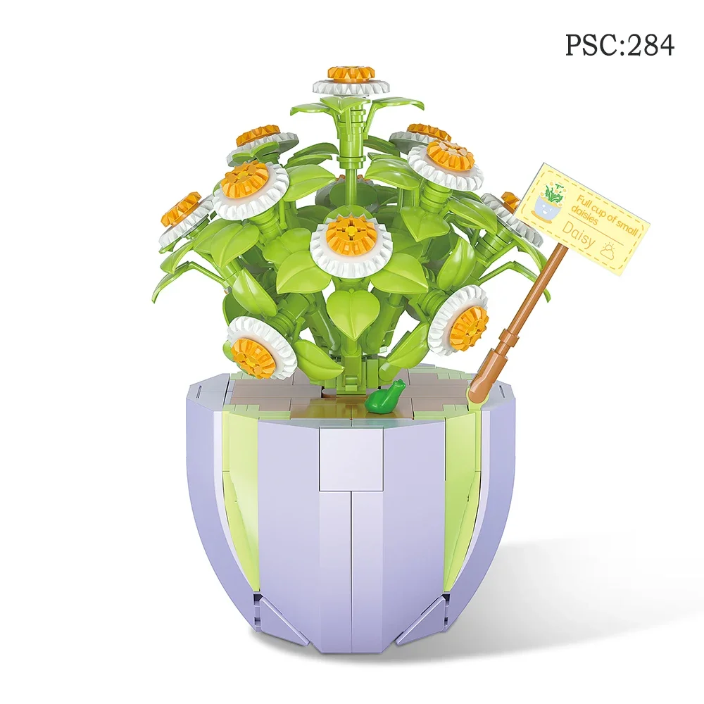 284 Uds. Simulación Margarita verde plantas en macetas bloques de construcción botella habitación adornos de escritorio juguetes para niños niñas regalo de cumpleaños