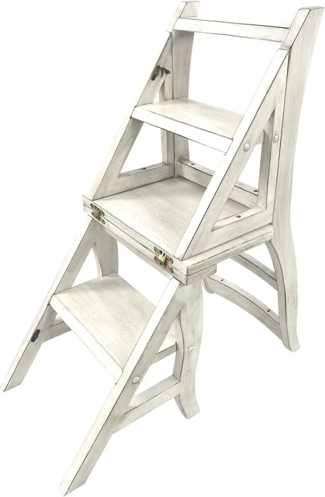 Silla de biblioteca de madera maciza y escalera de paso: silla convertible 2 en 1, asiento de escalera plegable con estante de almacenamiento