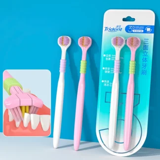 Cepillo de dientes doméstico de 3 caras con cerdas suaves, cómodo, fácil de usar, cepillo de dientes de limpieza profunda para adultos, niños y niñas
