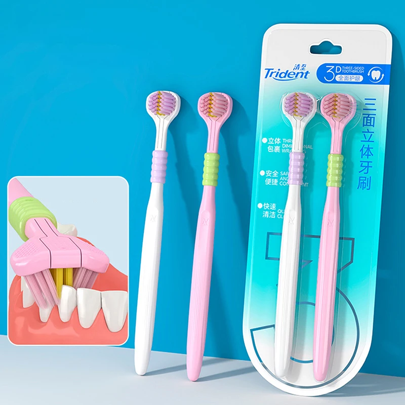 Cepillo de dientes doméstico de 3 caras con cerdas suaves, cómodo, fácil de usar, cepillo de dientes de limpieza profunda para adultos, niños y niñas