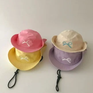 Sombrero de cubo de Color caramelo de estilo coreano, sombrero sombreado bordado con lazo, sombrero para el sol de verano para niños, sombrero para el sol Anti-UV de secado rápido
