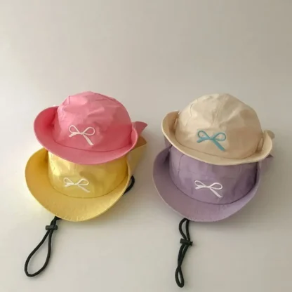 Sombrero de cubo de Color caramelo de estilo coreano, sombrero sombreado bordado con lazo, sombrero para el sol de verano para niños, sombrero para el sol Anti-UV de secado rápido