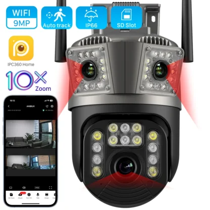 Cámara de seguridad para exteriores, videocámara PTZ de 9MP con 3 lentes y 3 pantallas, Zoom Digital 10X, IA, vídeo de tachuelas automático, IP, IPC360