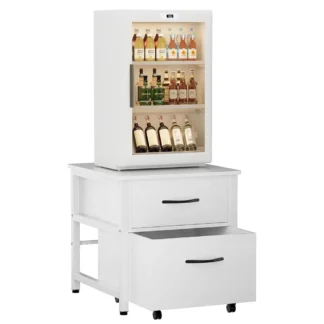 Mini soporte para nevera con almacenamiento, mini gabinete para nevera resistente con gabinete rodante, soporte para refrigerador de bebidas de madera maciza