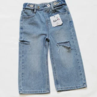 Pantalones vaqueros de tubo recto Retro japonés para niños, pantalones vaqueros de pierna ancha rasgados para niñas, pantalones largos informales