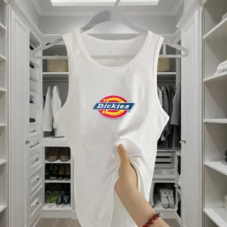 Camiseta sin mangas con cuello redondo para mujer, novedad de verano, sin mangas, ajustada, informal, a la moda, elástica, estampada de marca