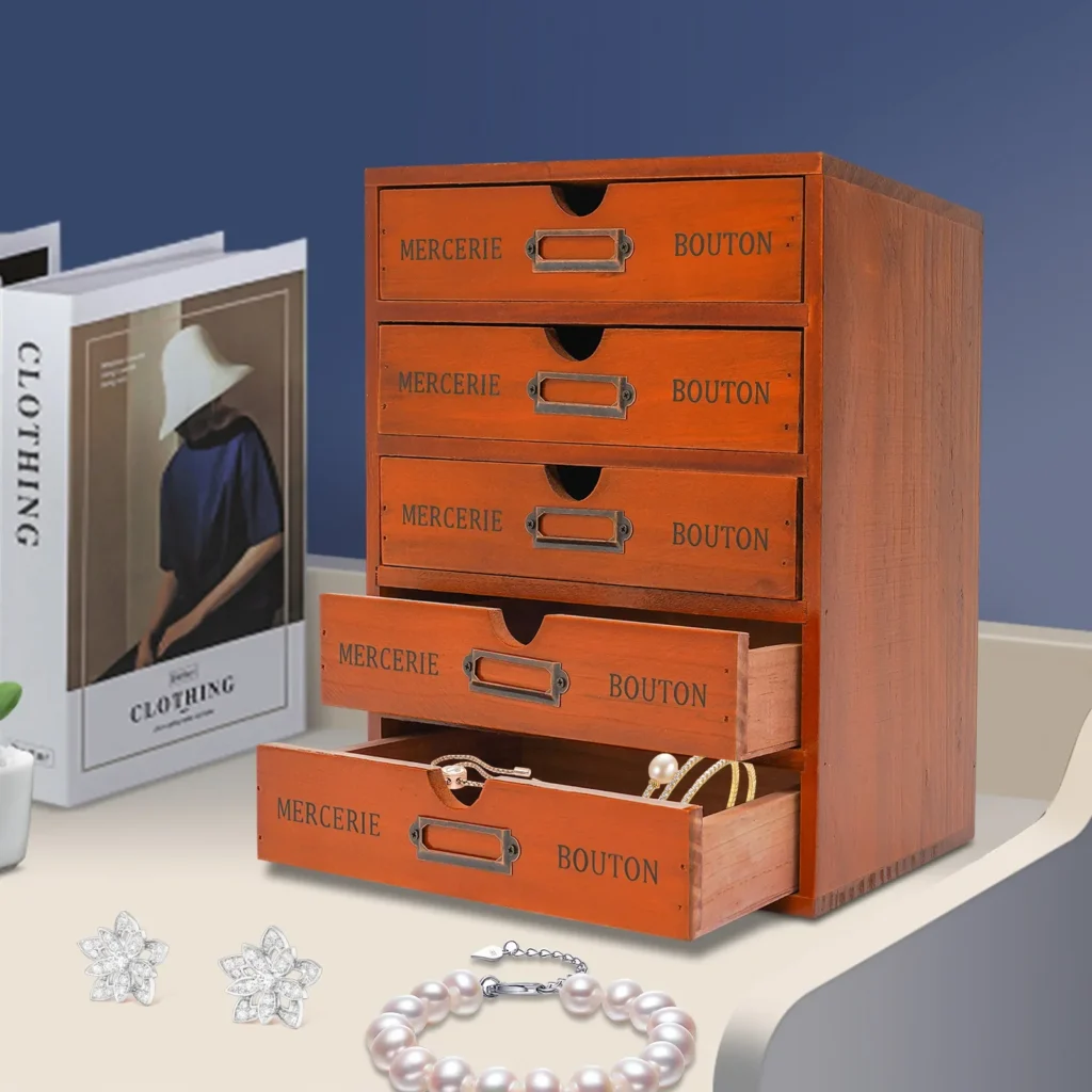 Bymaocar-organizador de escritorio de madera Retro de 5 capas, cajón de estante Vintage, muebles para personas mayores no tóxicos para estudio, dormitorio, tocador