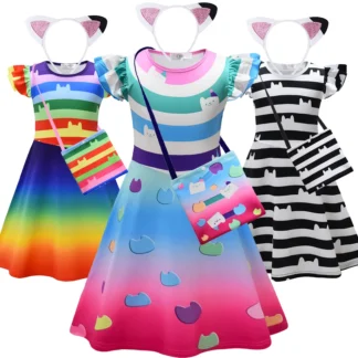 Disfraz de muñeca Gabby, casa de muñecas de verano para niñas, vestidos de manga voladora a rayas de arcoíris, trajes de princesa bonitos e informales para niños