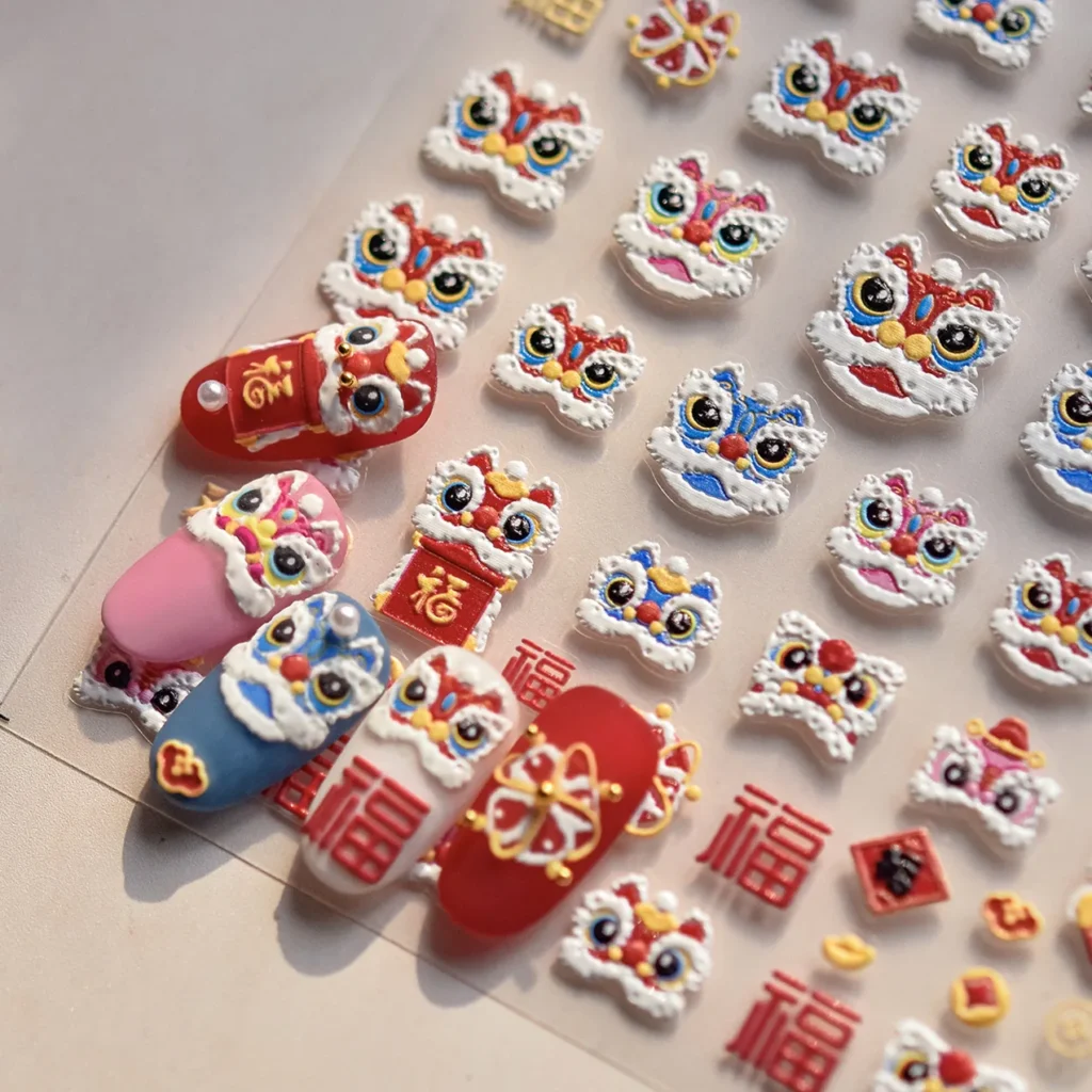 Año Nuevo Chino danza cabeza de león alta calidad adhesivo festivo pegatina de uñas decoración de uñas calcomanías diseño T-4781
