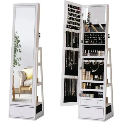 Gabinete de joyería con espejo giratorio de longitud completa de pie con espejo incorporado - Armario de joyería con cerradura de 63,7 pulgadas de alto con cajones de espejo