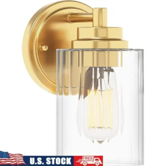 Aplique de pared con pantalla de cristal transparente, luz de tocador de baño dorada de 8 pulgadas, ubicación húmeda con certificación UL, Compatible con bombillas regulables fáciles