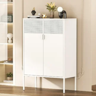 Gabinete de almacenamiento de metal, soporte para TV de 2 puertas, gabinete decorativo de malla metálica, cierre de puerta magnético, gabinetes de almacenamiento bajos con puertas y