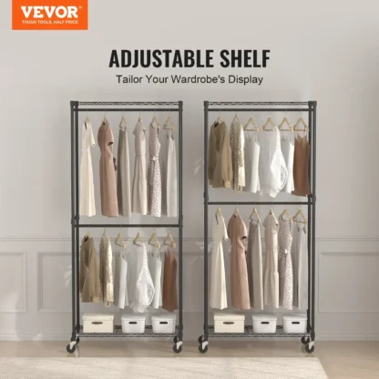 Perchero de ropa resistente, varillas colgantes dobles, perchero para ropa con nivel de almacenamiento inferior y superior, perchero rodante para ropa