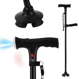 Bastón de doble agarre para personas mayores con alarma, muletas modernas y prácticas para personas mayores, bastón plegable con luz