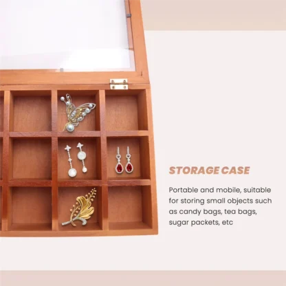 Soporte de bolsa de té de madera con 12 rejillas, paquetes de azúcar, bolsas de especias, estuche de almacenamiento, cajas de bolsas de café instantánea con tapa transparente HGC