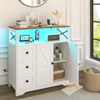 Gabinete de almacenamiento con puertas y estantes, despensa de cocina de granja Led con toma de corriente, aparador de gabinete Buffet con cajones,