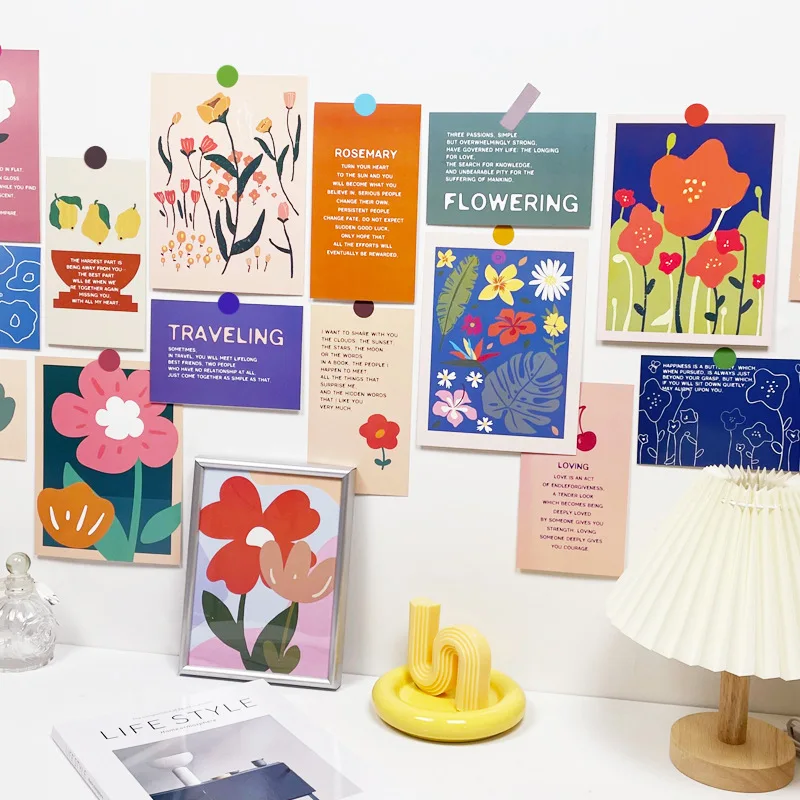 Decoración de flores, 7 tarjetas de decoración nórdica Ins, decoración de pared, marco de fotos de dormitorio, pintura, pegatinas de pared, tarjetas de decoración