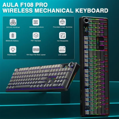 Teclado mecánico inalámbrico AULA F108 PRO con pantalla y perilla, teclado para juegos intercambiable en caliente con teclas PBT de batería de 8000mAh