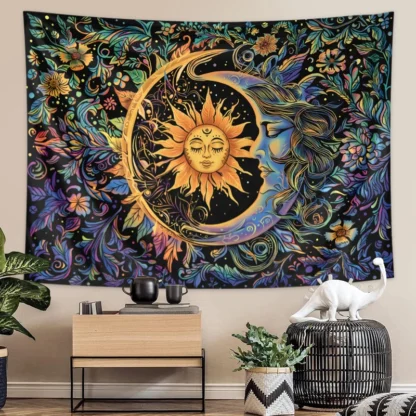 1 tapiz de sol y luna, tapiz floral misterioso, tapiz estético retro de pared de plantas florales de estilo hippie