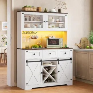 Gabinete Buffet de granja con almacenamiento, gabinete de estación de cafetería con toma de corriente y luz Led, gabinetes de barra altos con