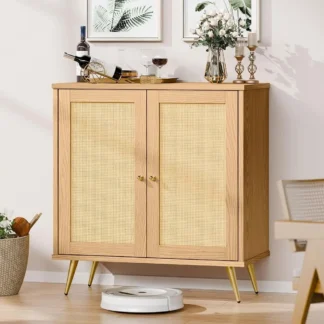 Mueble buffet con almacenamiento, 2 puertas decoradas de ratán, mueble decorativo para comedor, sala de estar, entrada, pasillo, natural