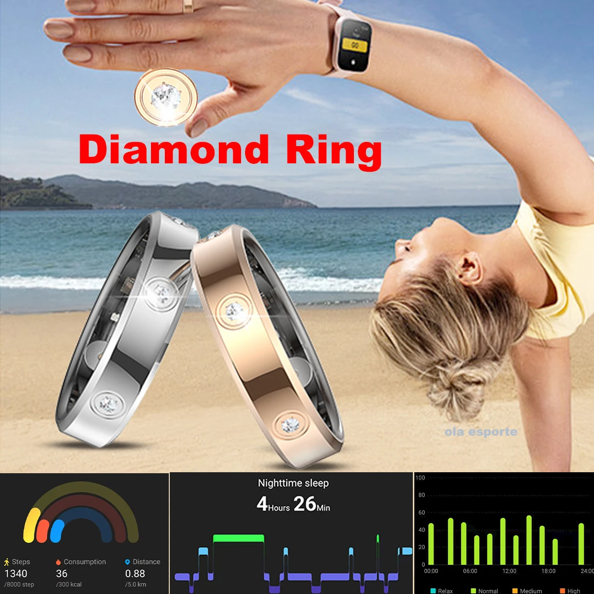 Ola Esporte diamante lujo anillo inteligente Monitor de salud Ip68 impermeable salud pareja SmartRing regalo deporte análisis de datos Control BT