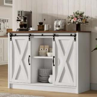 Cafetera de granja con puertas corredizas de granero, mueble de cafetería de 42 pulgadas con estantes ajustables para cocina, mueble de Buffet con