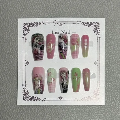 Lea.Nail Uñas a presión inspiradas en el anime: arte degradado rosa y verde con diseños de corazones, florales y de anime |   Acentos 3D listos para cosplay