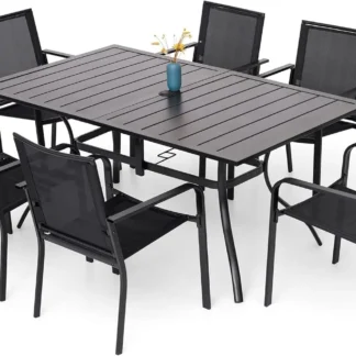 Juego de comedor para patio al aire libre de 7 piezas, 6 sillas apilables para patio y mesa de comedor rectangular con juego de muebles con estructura para todo tipo de clima