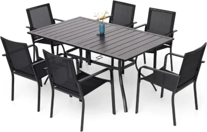 Juego de comedor para patio al aire libre de 7 piezas, 6 sillas apilables para patio y mesa de comedor rectangular con juego de muebles con estructura para todo tipo de clima
