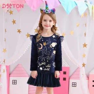 DXTON, vestido informal de algodón para niñas, vestido recto de invierno con manga acampanada para niñas, disfraz de retales de unicornio para niñas de 3 a 8 años