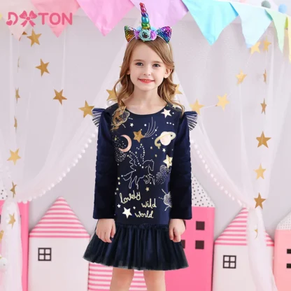 DXTON, vestido informal de algodón para niñas, vestido recto de invierno con manga acampanada para niñas, disfraz de retales de unicornio para niñas de 3 a 8 años