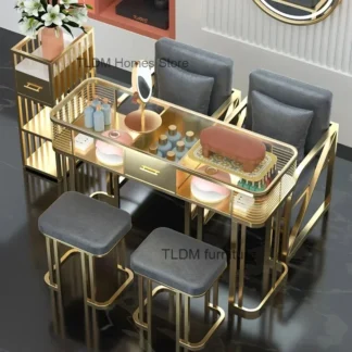 Mesas para manicura de cristal de lujo, ligeras italianas, doradas, con cajón, muebles de salón modernos, juego de mesa y silla para salón de belleza