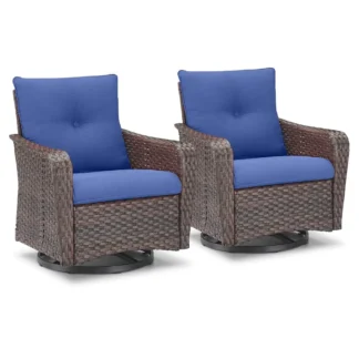 Sillas basculantes giratorias para Patio al aire libre, juego de 2 sillas basculantes de mimbre para Patio con respaldo alto, cojines cómodos y profundos