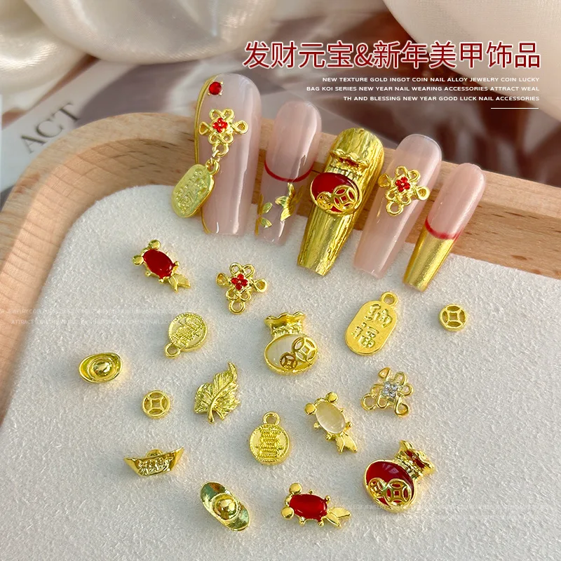 10/30 Uds. De diamantes de imitación dorados brillantes para decoración de uñas de Año Nuevo, lingote, moneda, bolsa de la suerte, nudo chino, adornos para manicura de pez dorado