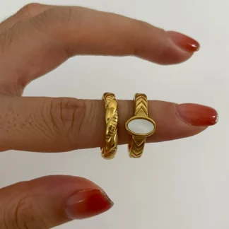 GHIDBK-anillos de nácar chapados en oro de 18K para mujer, joyería de acero inoxidable, resistente al agua, ovalada, blanca, Simple, a la moda, para fiesta de boda