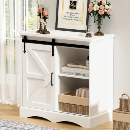 Gabinete de bar de café de granja, gabinete de almacenamiento de buffet blanco con puerta corrediza de granero, gabinete decorativo de aparador de cocina de 31,5" con A