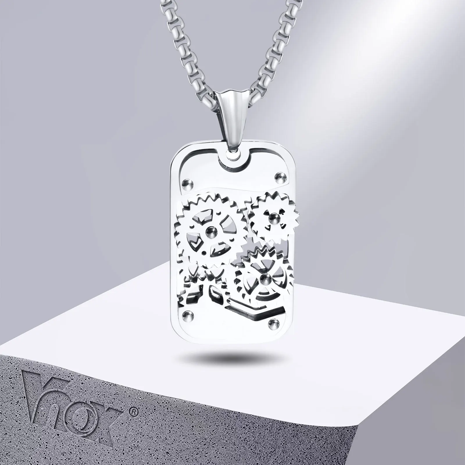 Vnox Spinner Gear Collar con colgante para hombres, diseño mecánico punk Dogtag, joyería de collar Cool Rock Boy