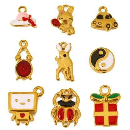 3 uds. De sombrero con lazo esmaltado de acero inoxidable/conejo/coche/cervatillo/reloj/robot para pulsera DIY, collar, fabricación de joyas, suministros para colgantes
