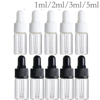 50/100 Uds botellas de vidrio transparente 1ml 3ml 5ml Mini botellas cuentagotas de aceite esencial viales de muestra de viaje vacíos con tapa negra