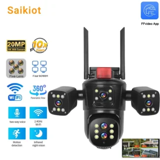 Saikiot-cámara de vigilancia CCTV para exteriores, dispositivo de vigilancia con Zoom óptico 10X, WIFI, PTZ, 5 lentes, cuatro pantallas, seguridad, red CCTV, 20MP