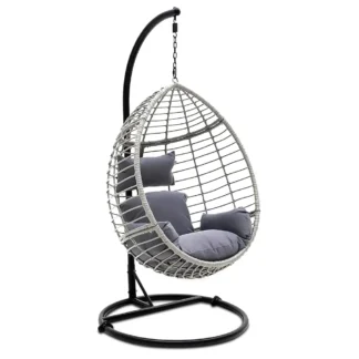 Silla colgante tipo huevo con soporte, sillón de mimbre para patio interior y exterior con soporte, estructura de acero, resistente a los rayos UV, lavable